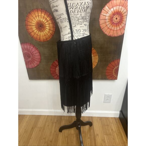 Sincerely Jules Black MIDI Fringe Skirt Free Spirted Glam Effortless Cool Sz M - Picture 3 of 8